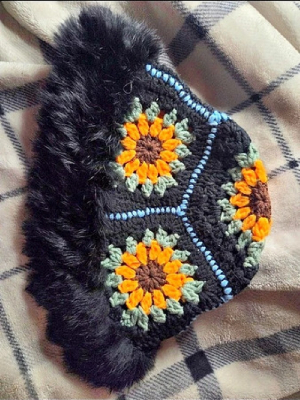 Black Floral Faux Fur Hat (Adult Size)